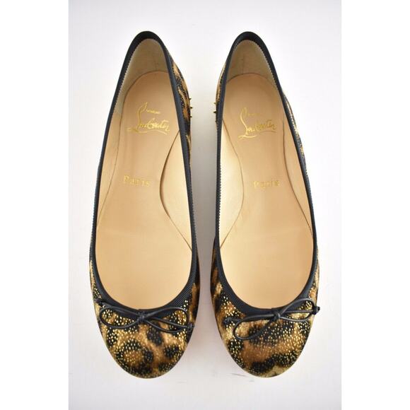 Christian Louboutin La Massine Black Gold Leopard Spike Ballerina Ballet Flat 35 - Picture 7 of 11